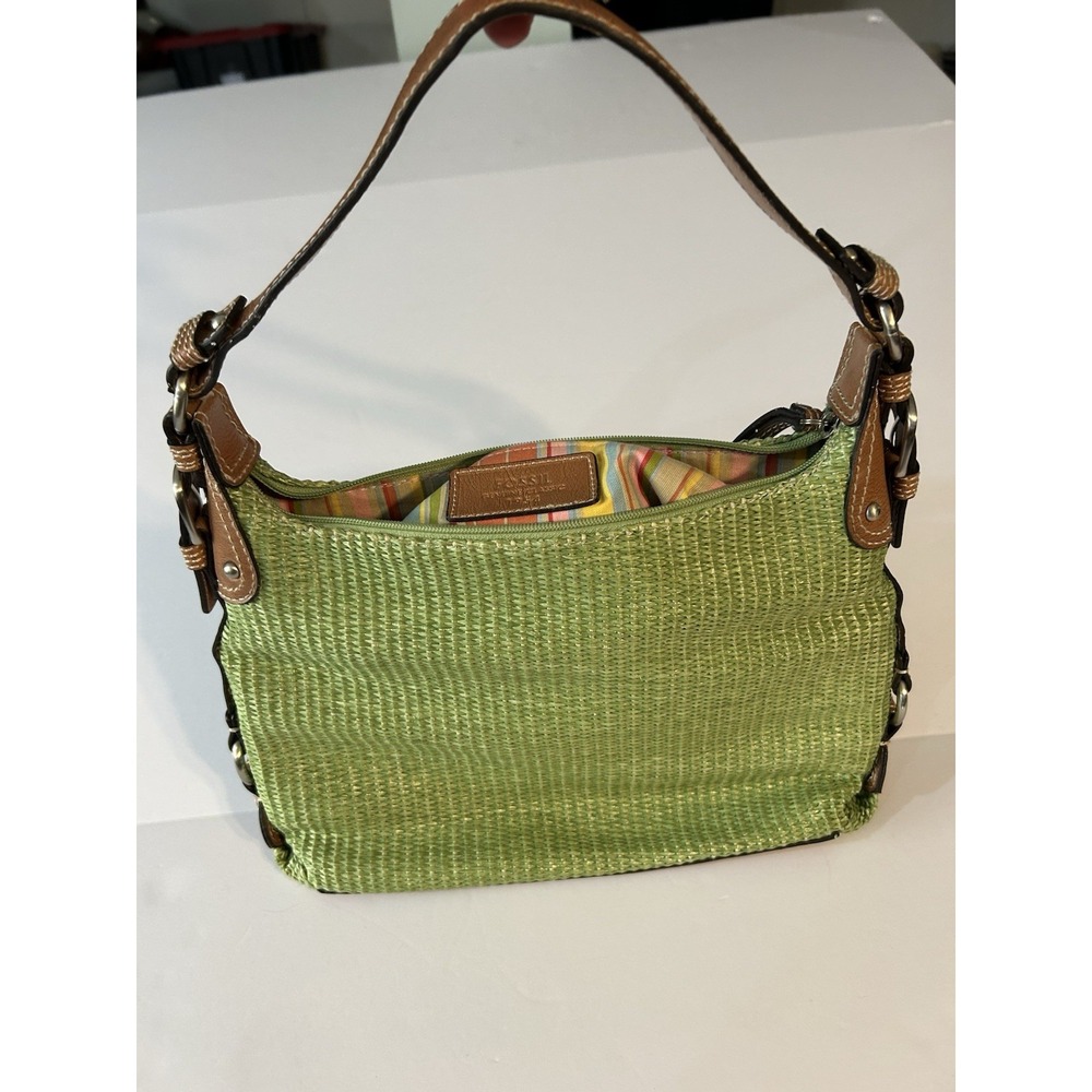 VTG Fossil Genuine Classic‎ Green Woven Rattan Shoulder Purse w/ leather accents - Picture 2 of 5